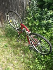 Rotes Fahrrad beim Bootshaus